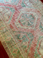 Dimensions: 4'4" x 10'8.5"  Palette includes punch, bright teal and off white  Vintage Turkish rug from Anatolia, hand knotted of wool c.1970