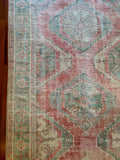 Dimensions: 4'4" x 10'8.5"  Palette includes punch, bright teal and off white  Vintage Turkish rug from Anatolia, hand knotted of wool c.1970