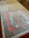 Dimensions: 3'2.5" x 6'4"  Palette includes punch, deep steel blue, ecru, mahogany.&nbsp;  Vintage Turkish Anatolian rug c.1970, hand knotted of wool.&nbsp;