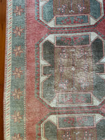 Dimensions: 3'2.5" x 6'4"  Palette includes punch, deep steel blue, ecru, mahogany.&nbsp;  Vintage Turkish Anatolian rug c.1970, hand knotted of wool.&nbsp;
