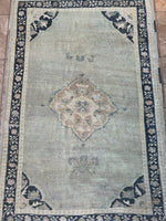 Dimensions: 3'11" x 5'11.5"  Palette includes green undertones, steel blue, slate and a soft bronze.   Vintage Turkish - Anatolian c.1960, knotted by hand of wool. Low pile, drapery feel. 