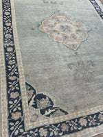 Dimensions: 3'11" x 5'11.5"  Palette includes green undertones, steel blue, slate and a soft bronze.   Vintage Turkish - Anatolian c.1960, knotted by hand of wool. Low pile, drapery feel. 
