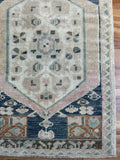 Dimensions: 1'8" x 2'9.5"  Palette includes blue, pink, ginger, saltbox and green.  Vintage Turkish c.1970. Handmade of wool. 