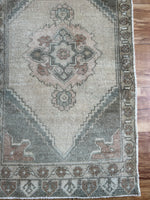 Dimensions: 1'8 x 3'  Palette includes a silvery sage, copper and wheat.  Vintage Turkish c.1960, handmade of wool. 