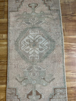 Dimensions: 1'3" x 3'1"  rare narrow size!!   Palette includes sage, caramel, silvery beige and taupe.   Vintage Turkish c.1960, handmade of wool. 