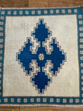 Dimensions: 1'11" x 2'1.5"  Palette includes sapphire and wheat.   Vintage Turkish c.1970, hand knotted of wool. 