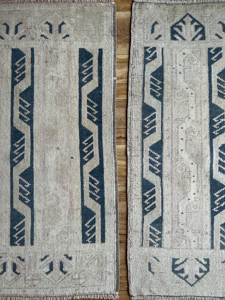 Dimensions: 2' x 3'3" & 1'11.5" x 3'3.5"  Palette includes steel blue, beige and cream.  Vintage Turkish c.1970, hand knotted of wool. 