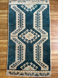 Dimensions: 1'6.5" x 2'9"  Palette includes royal blue, mint and sand beige.   Vintage Turkish c.1970, hand knotted of wool. 
