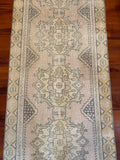 Dimensions: 2'9" x 9'  Palette is soft and includes a blue/gray, yellow, and a light crepe.   Vintage Turkish approx. 60 years old, handmade of wool.   These photos were taken indoors with overhead lights on. 