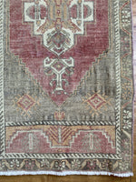 1'8.5" x 3'8.5"  Palette includes rosewood, honey, charcoal and olive  Vintage Turkish, wool 