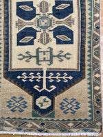 1'7.5" x 3'1"  Palette includes pine green, deep blue, walnut, and light camel.   Vintage Turkish, wool